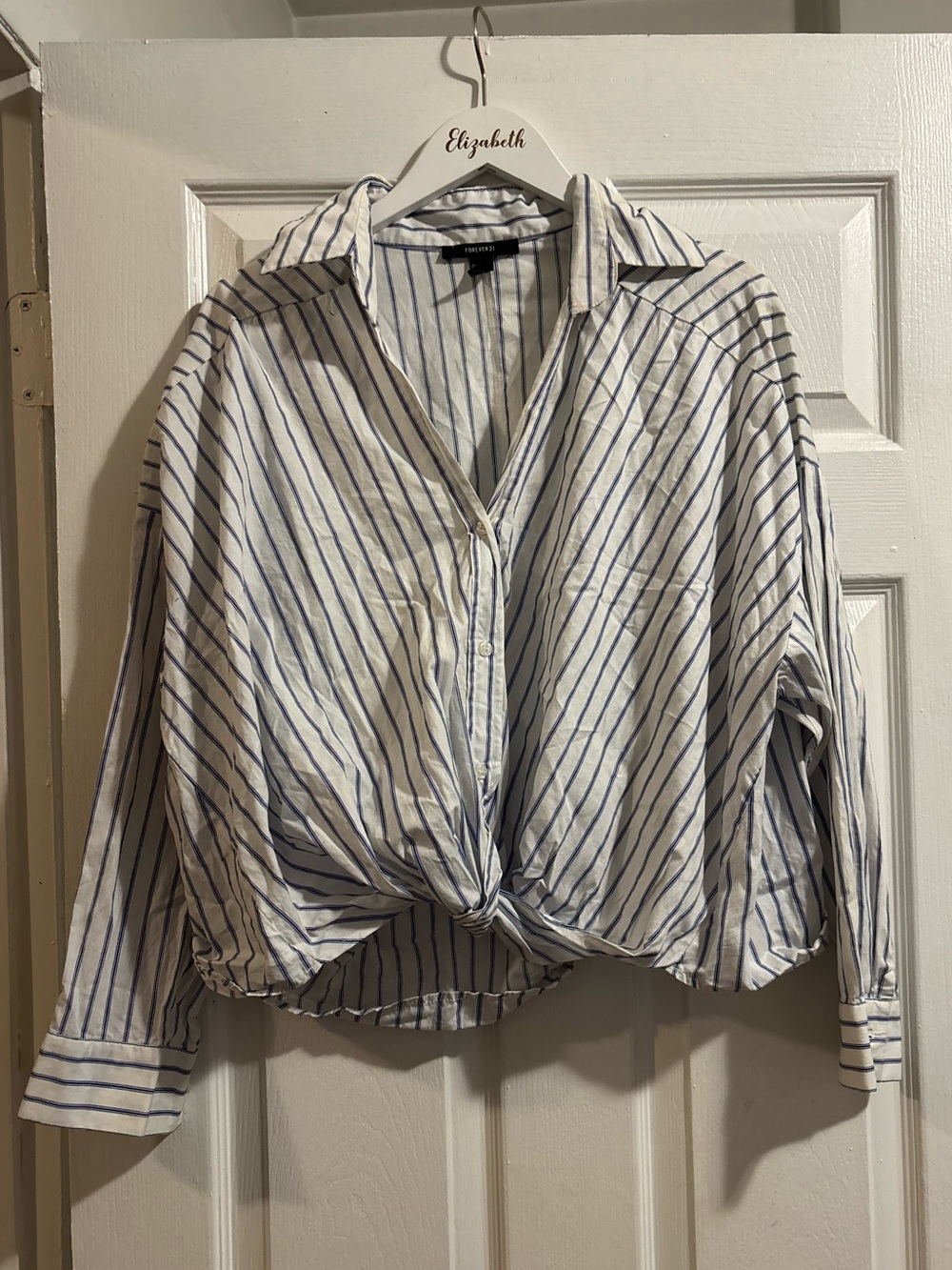 Forever 21 White Button-Down with Blue Pinstripes and Front Twist